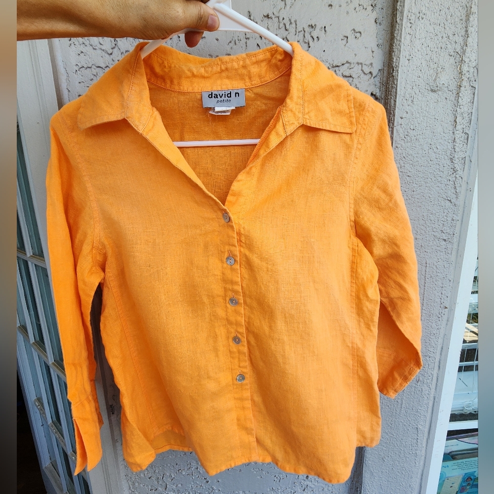 Linen Vintage David N Petite Small Women's Orange Button-Up Collard Top PS